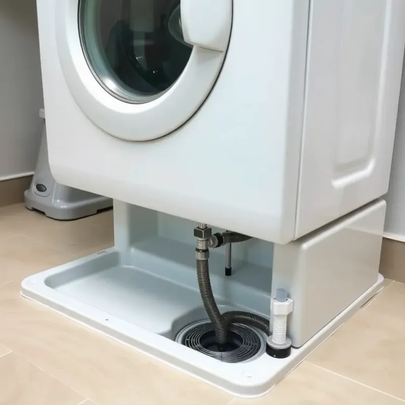 Washing machine properly installed with drain pan and secure hose connections
