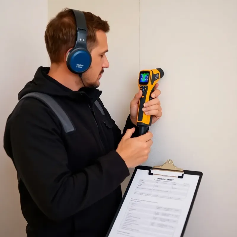 Professional water damage assessment with moisture meter and documentation