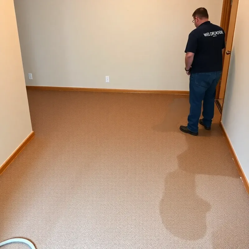 Water damage assessment showing saturated flooring and wall base before professional drying begins