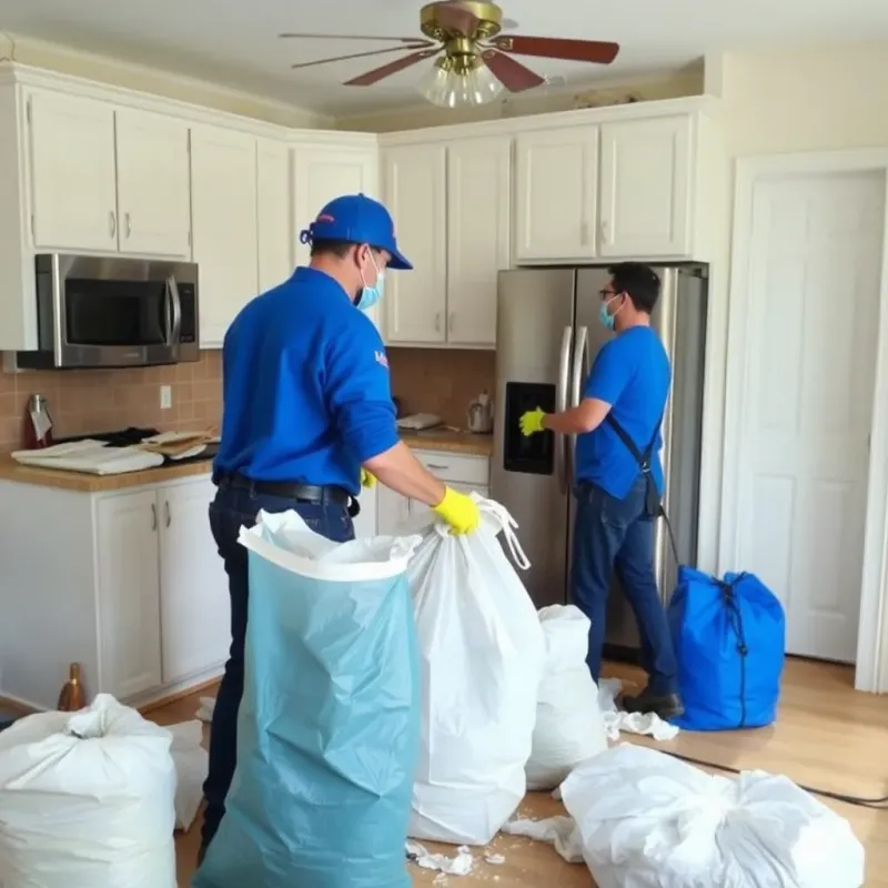 Professional cleanup crew removing water-damaged materials from residential kitchen