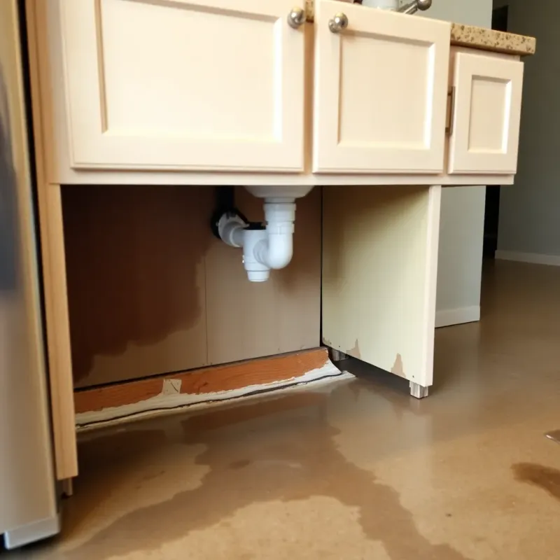 Infographic showing detailed water damage repair cost breakdowns for kitchen, bathroom, and basement rooms