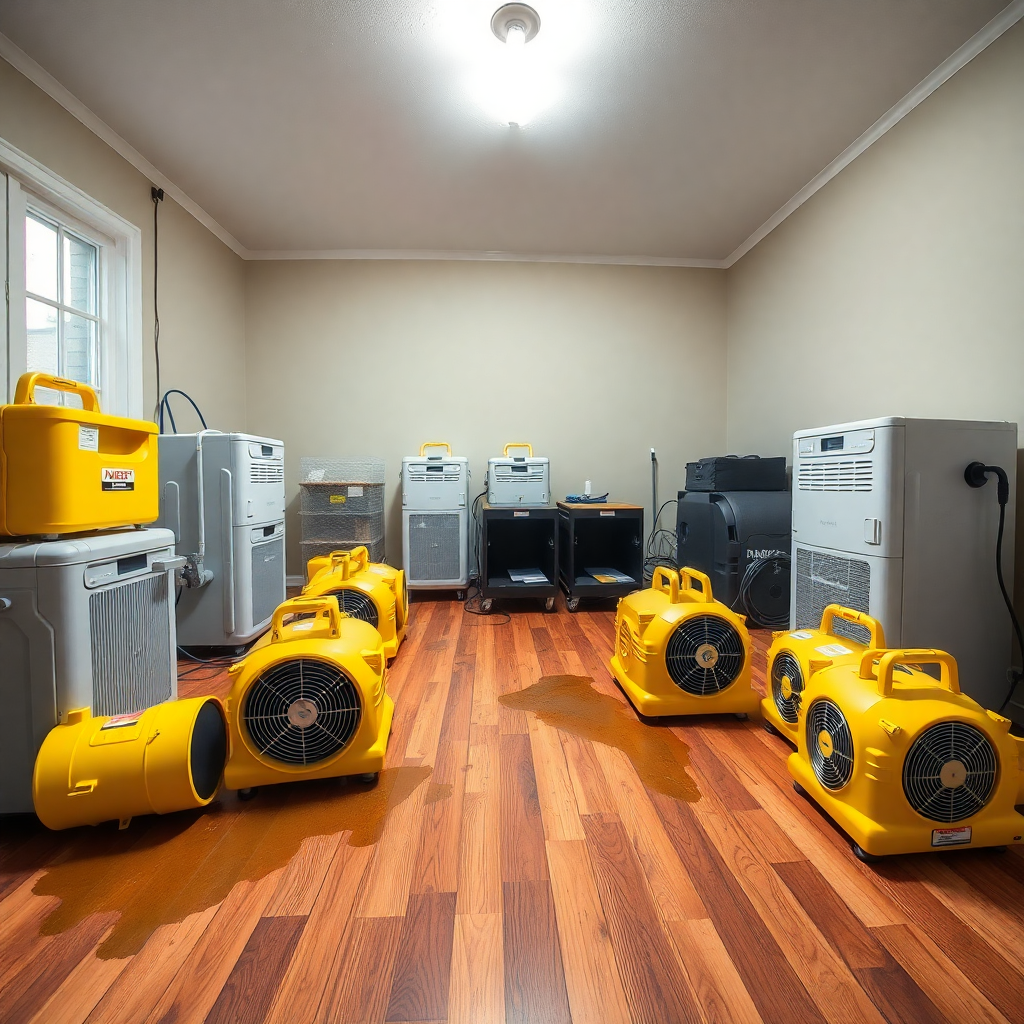 Industrial drying equipment set up in water damaged room during restoration
