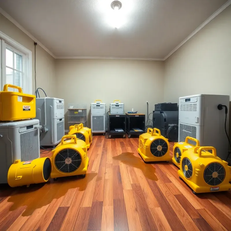 Industrial drying equipment set up in water damaged room during restoration