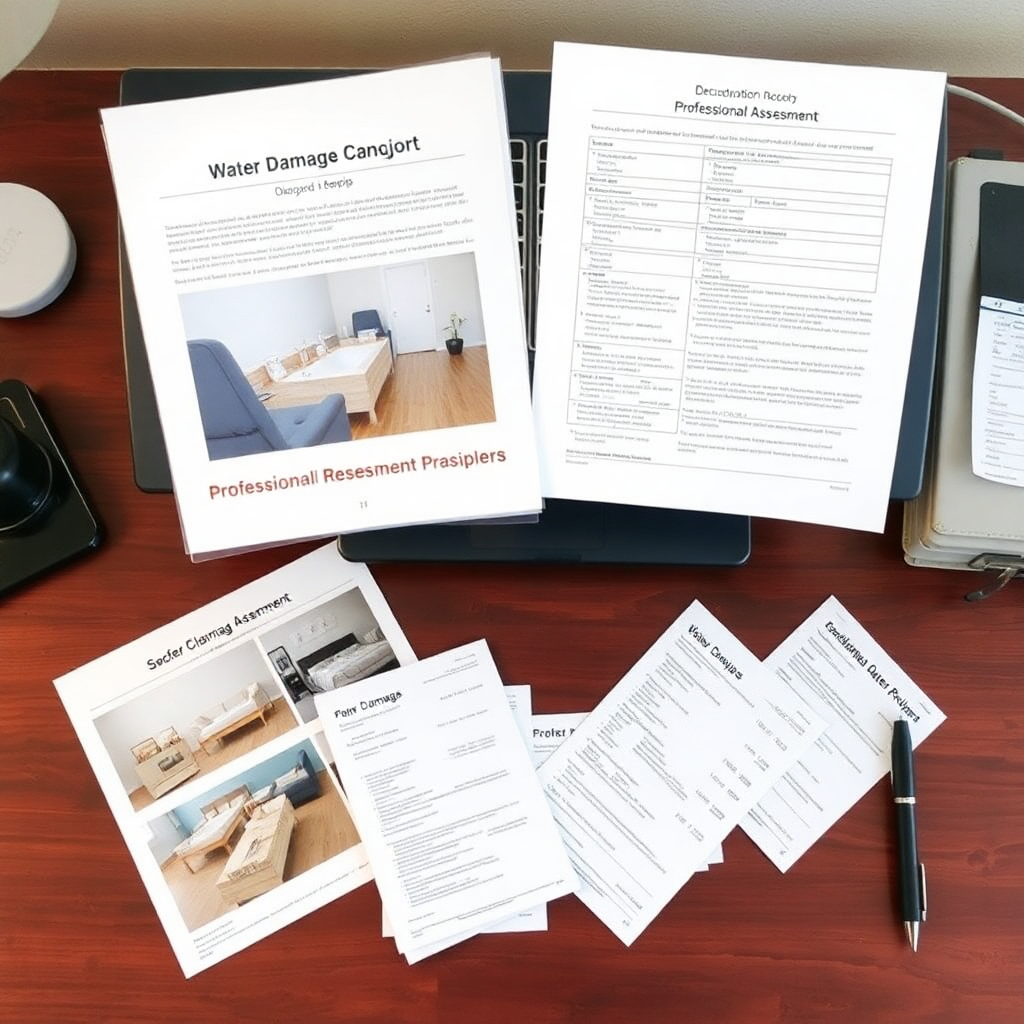 Water damage documentation for insurance claim showing before and after cleanup photos and professional assessment report