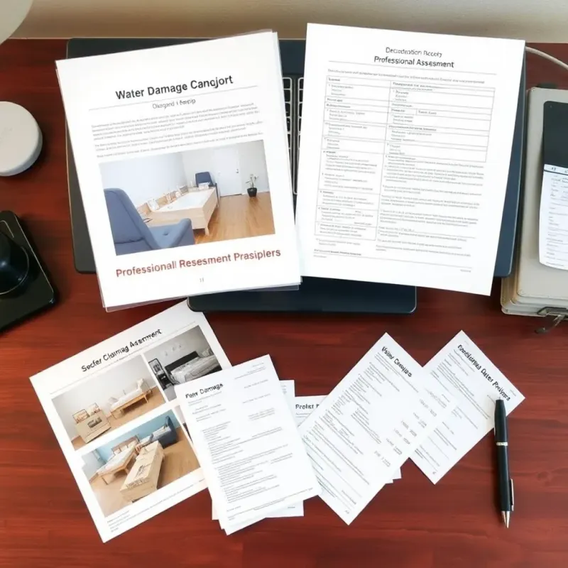 Water damage documentation for insurance claim showing before and after cleanup photos and professional assessment report