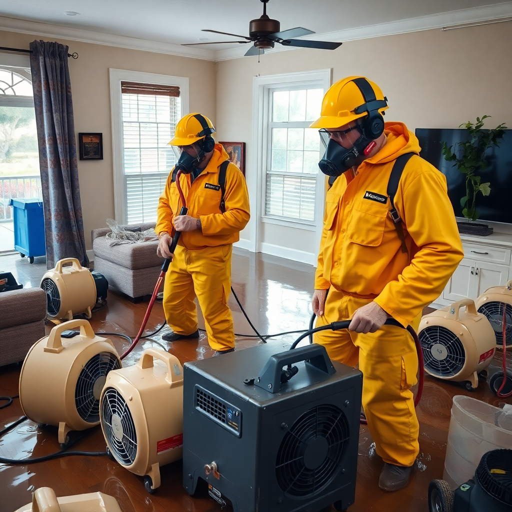 Professional water damage restoration team extracting water from flooded living room