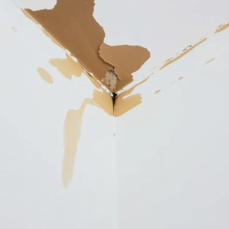 Water damage indicators including ceiling stains, soft drywall, and mold growth