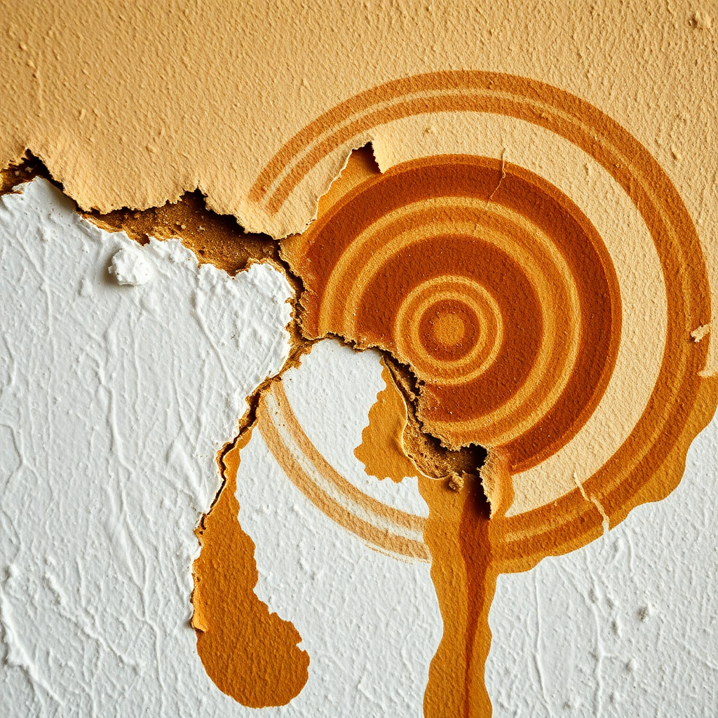 Water damaged drywall showing bubbling paint and brown water stains