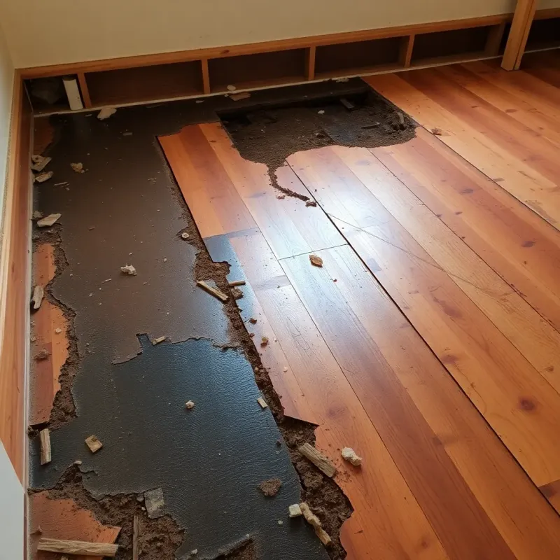 Close-up inspection of water-damaged subfloor showing soft spots, discoloration, and mold growth