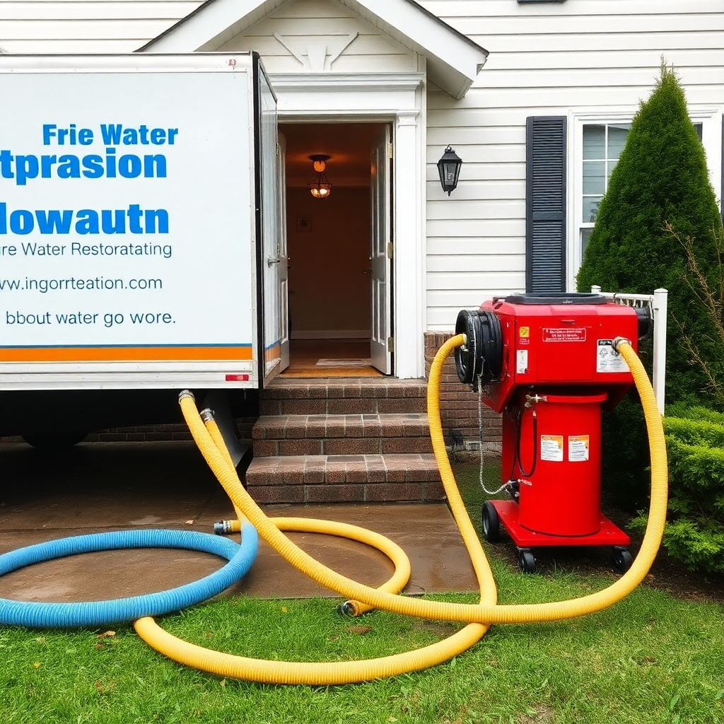 Water extraction equipment truck with professional team assessing flooded residential interior for cleanup scope
