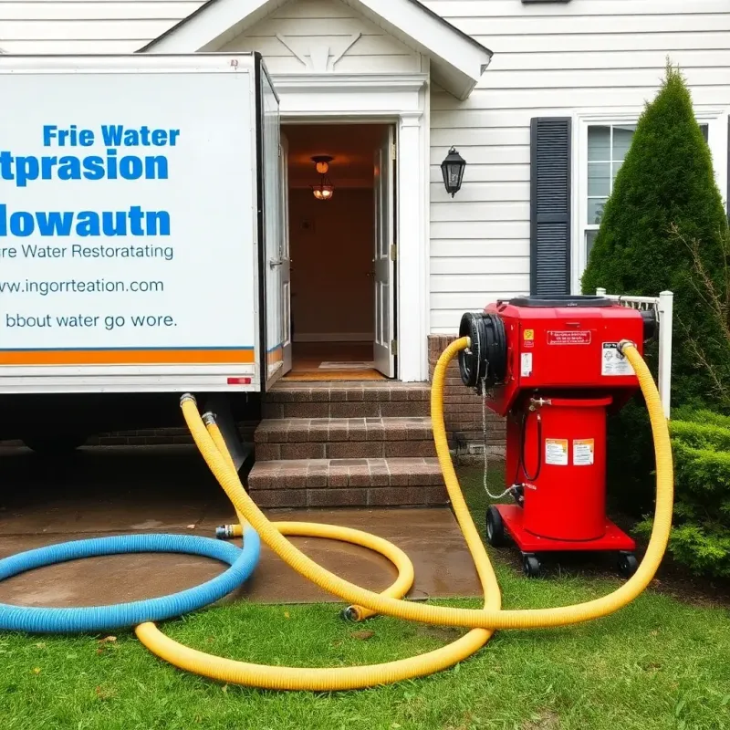 Water extraction equipment truck with professional team assessing flooded residential interior for cleanup scope