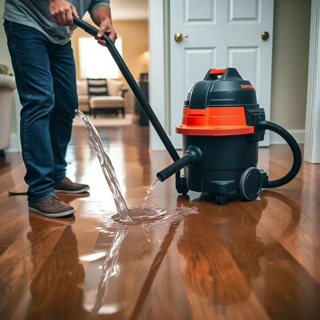 Extracting standing water from flooded room using wet dry vacuum