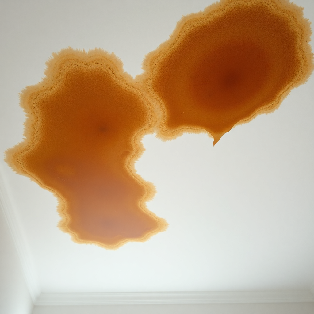 Water stained ceiling with brown discoloration and sagging drywall from leak above