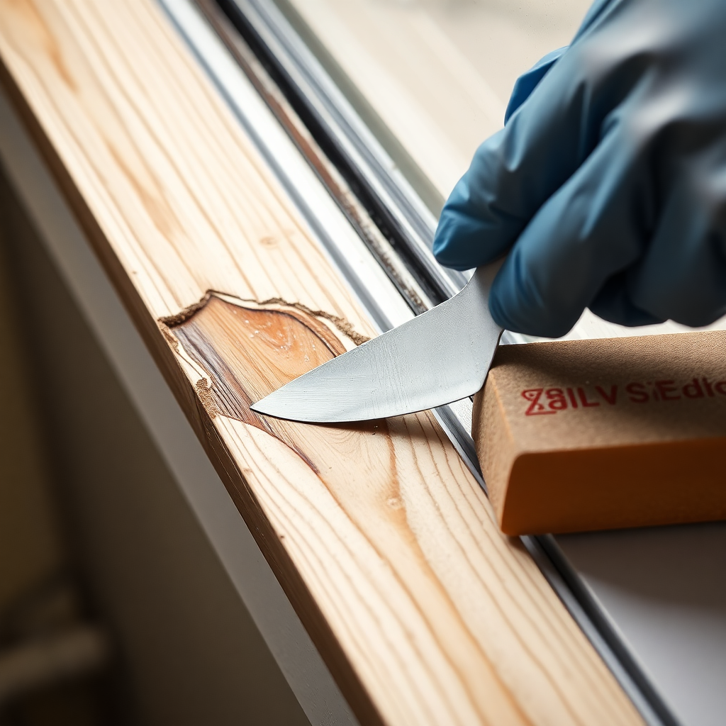 Professional wood filler application and sanding technique for window sill repair